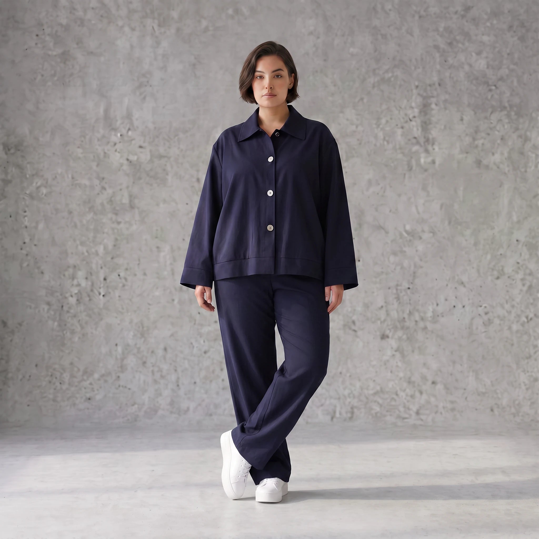 Zeitloser Marine Blazer im entspannten Oversize Lagenlook mit Hemdkragen elastisch weich