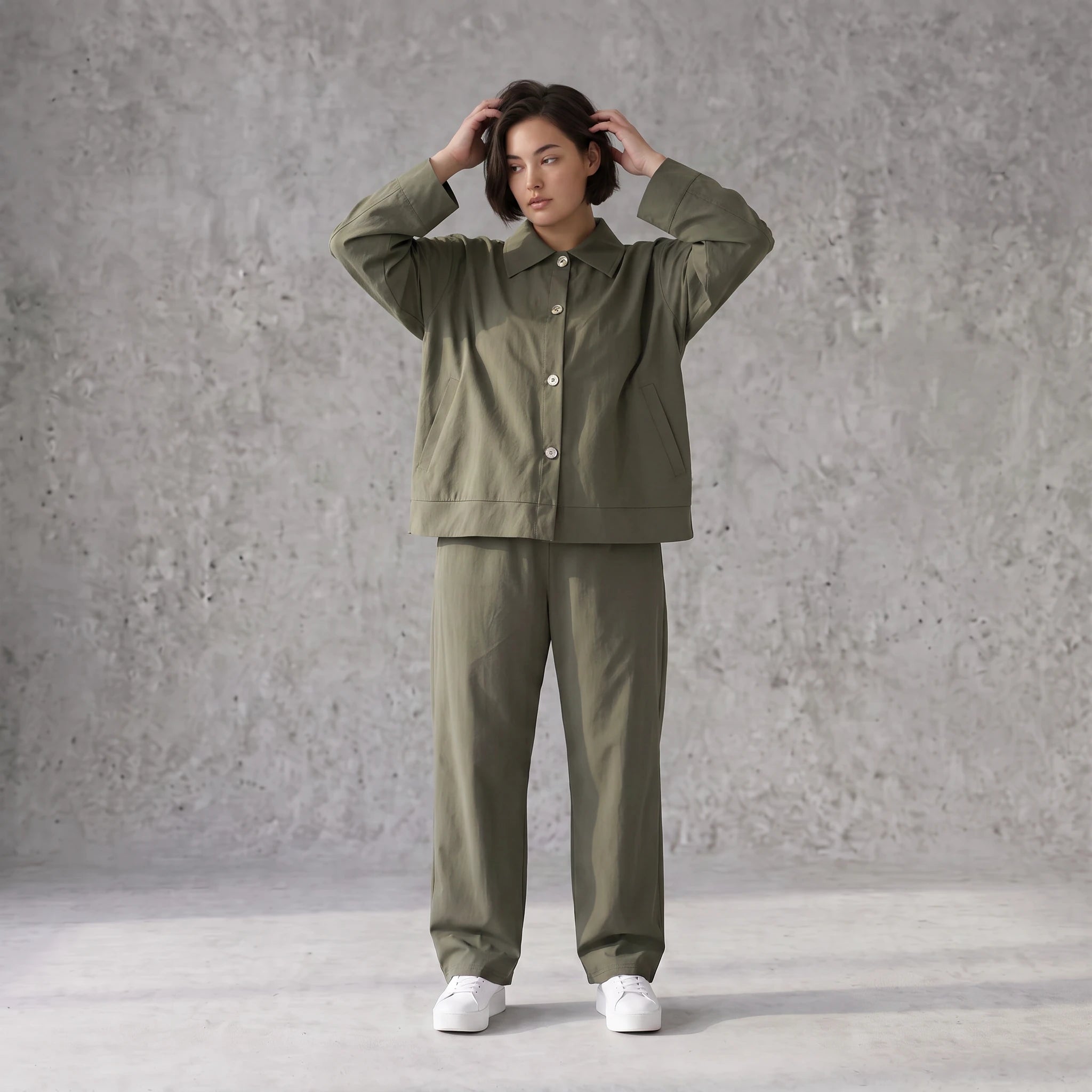 Khaki Bengalineblazer im Oversize Lagenlook weich elastisch zeitlos leger chic sommerlich