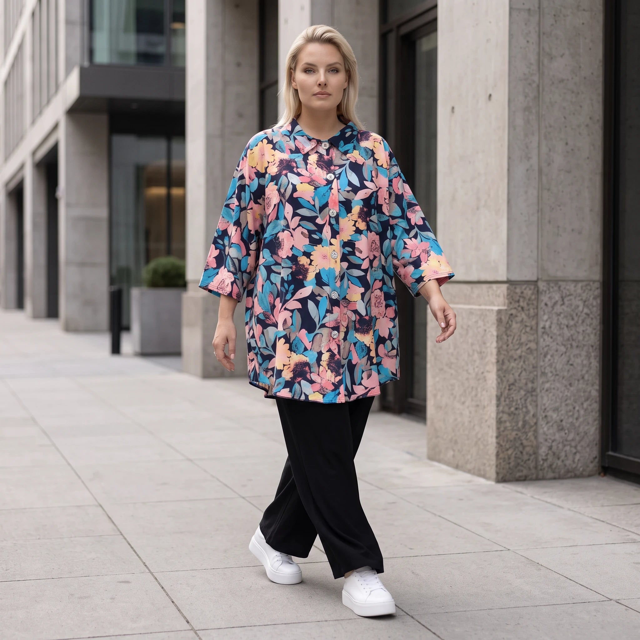 Feminine Bluse in luftiger Leinenoptik mit Hemdkragen und Dreiviertelarm in zartem Rosa