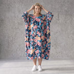 Sommerliches Ballonkleid in Leinenoptik in Aqua mit 3/4-Arm Rundhals und Seitentaschen