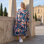 Sommerliches Ballonkleid in Leinenoptik in Aqua mit 3/4-Arm Rundhals und Seitentaschen