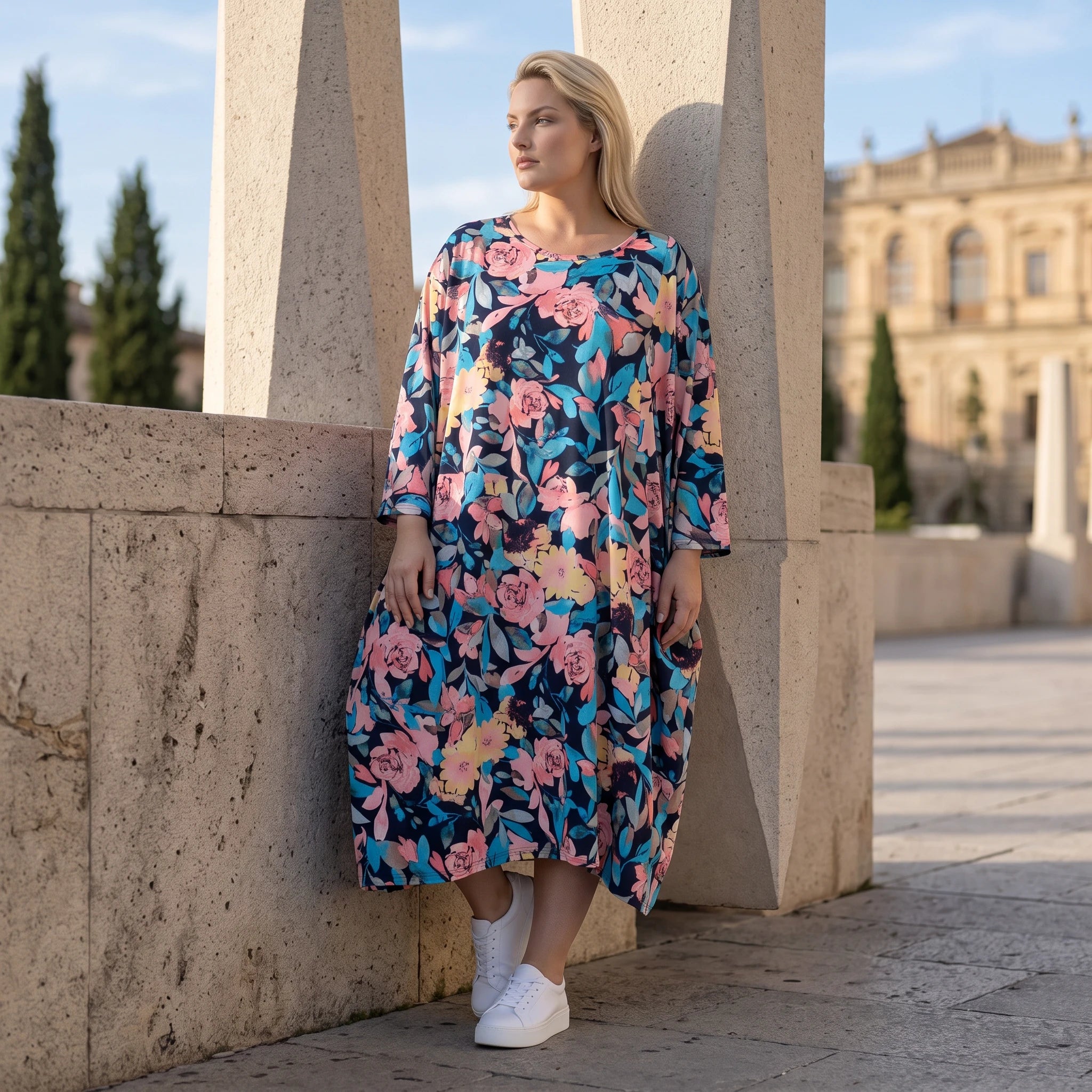 Sommerliches Ballonkleid in Leinenoptik in Aqua mit 3/4-Arm Rundhals und Seitentaschen