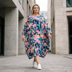 Sommerliches Ballonkleid in Leinenoptik in Aqua mit 3/4-Arm Rundhals und Seitentaschen