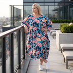 Sommerliches Ballonkleid in Leinenoptik in Aqua mit 3/4-Arm Rundhals und Seitentaschen