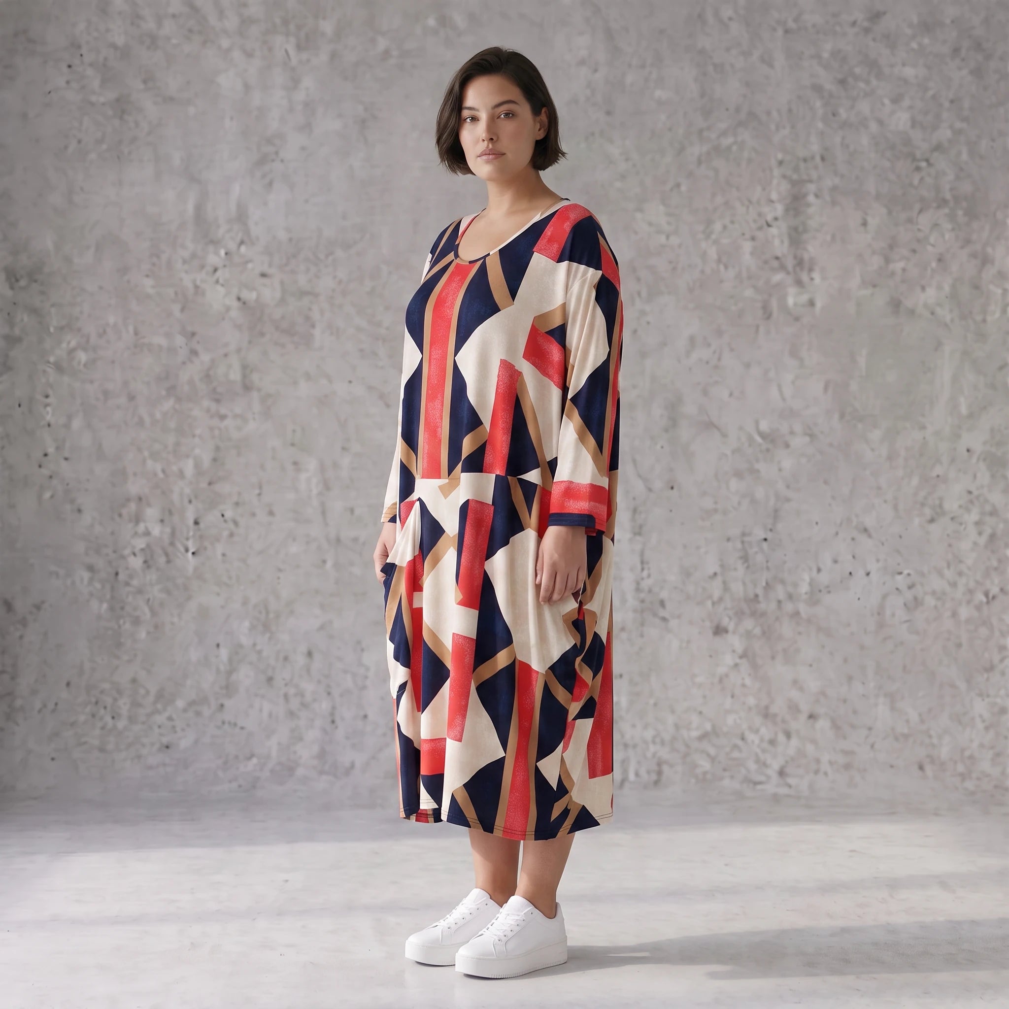Ballonkleid aus Viskose Jersey in Marine und Rot mit 3/4-Arm Rundhals und Seitentaschen