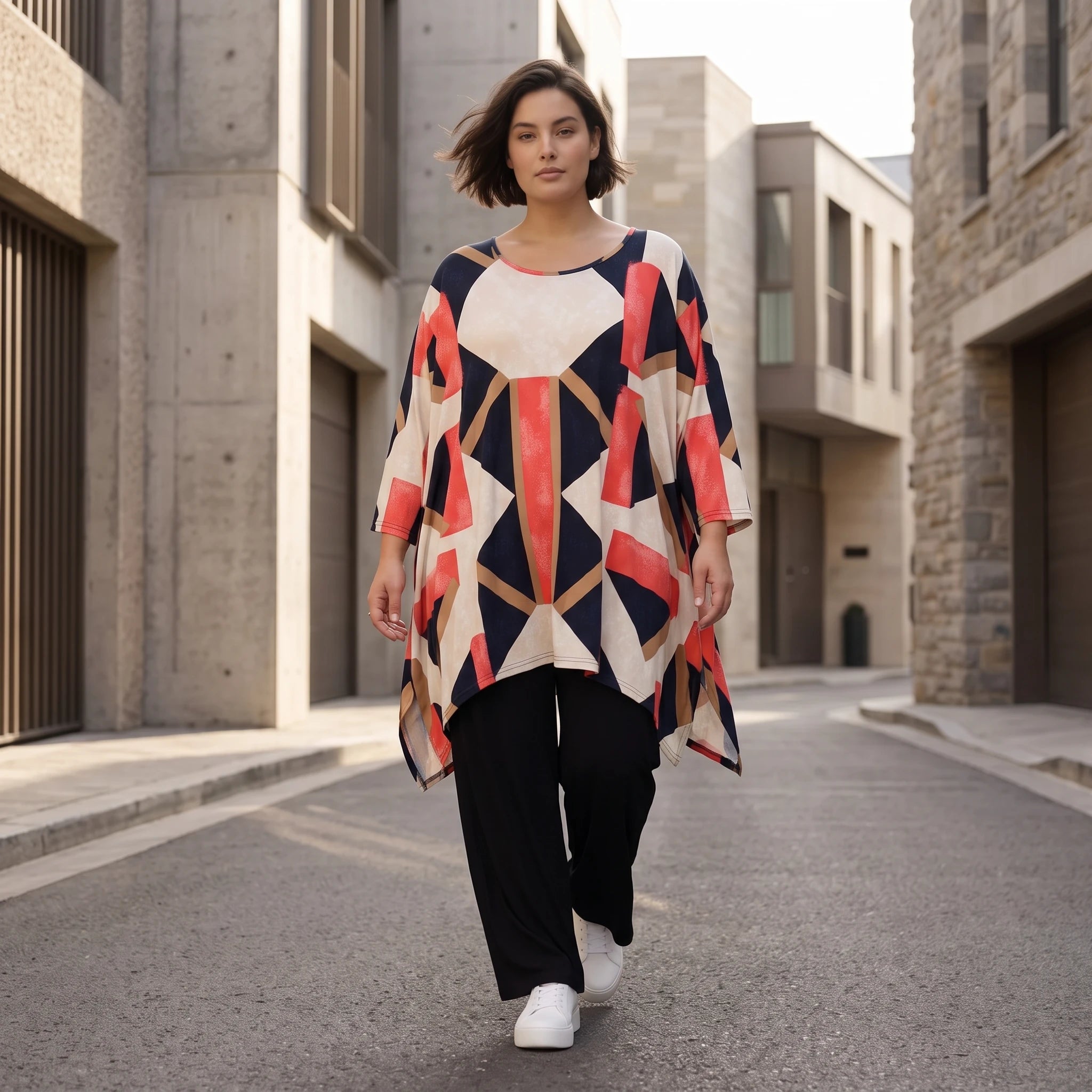 Fließendes Jersey Shirt in Marine und Rot mit zipfeligem Saum und seitlichen Schlitzen
