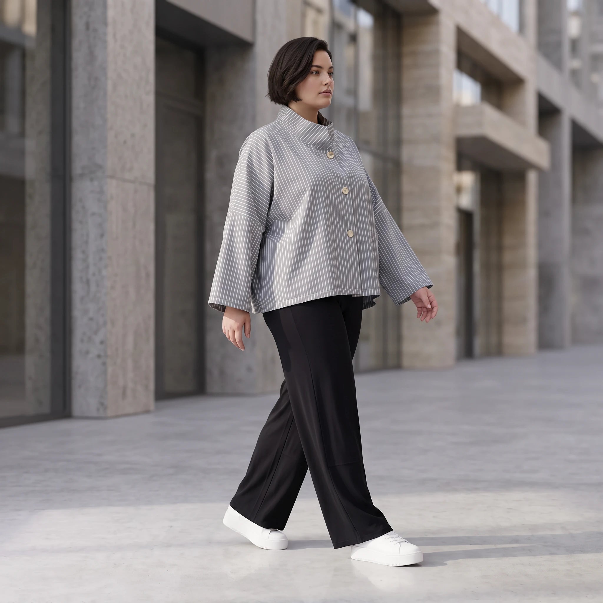 Bengaline Jacke in Grau Weiß mit kastigem Schnitt Stehkragen und 3/4-Arm für jede Saison