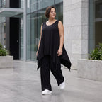 Ärmelloses Zipfeltop aus weichem schwarzem Viskose Stretch Jersey mit Rundhalsausschnitt