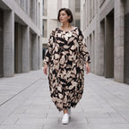 Fließendes Ballonkleid aus weichem Viskose Jersey in Schwarz Ecru mit 3/4-Arm und Rundhals