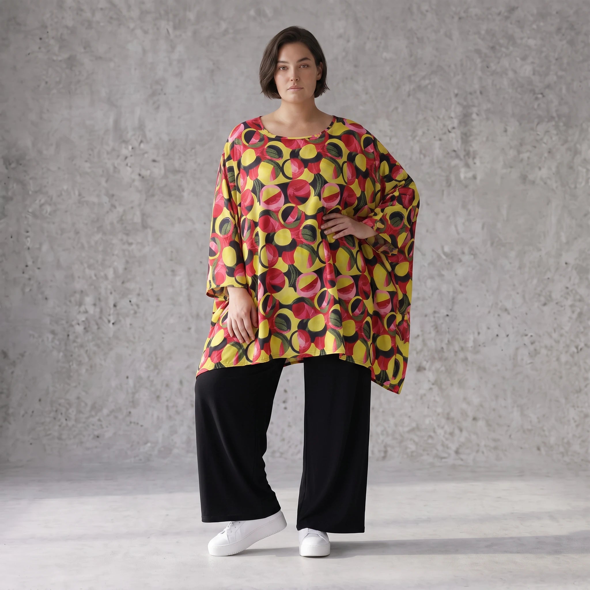 Fließendes Shirt mit 3/4-Arm und Rundhalsausschnitt aus edlem Popeline in Gelb und Fuchsia