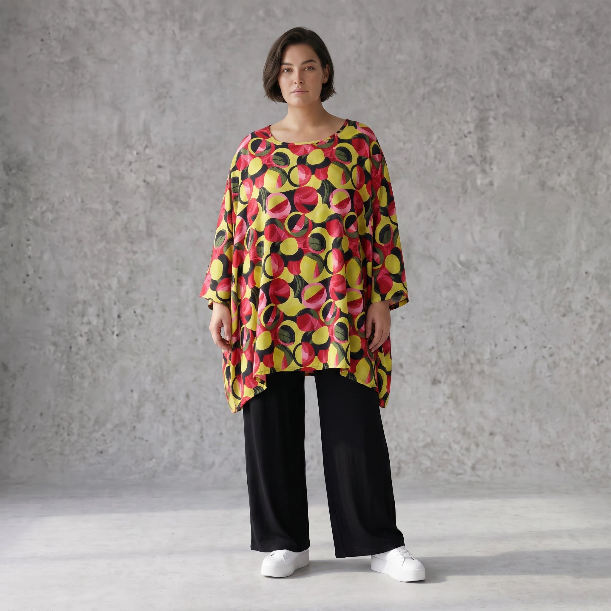 Fließendes Shirt mit 3/4-Arm und Rundhalsausschnitt aus edlem Popeline in Gelb und Fuchsia