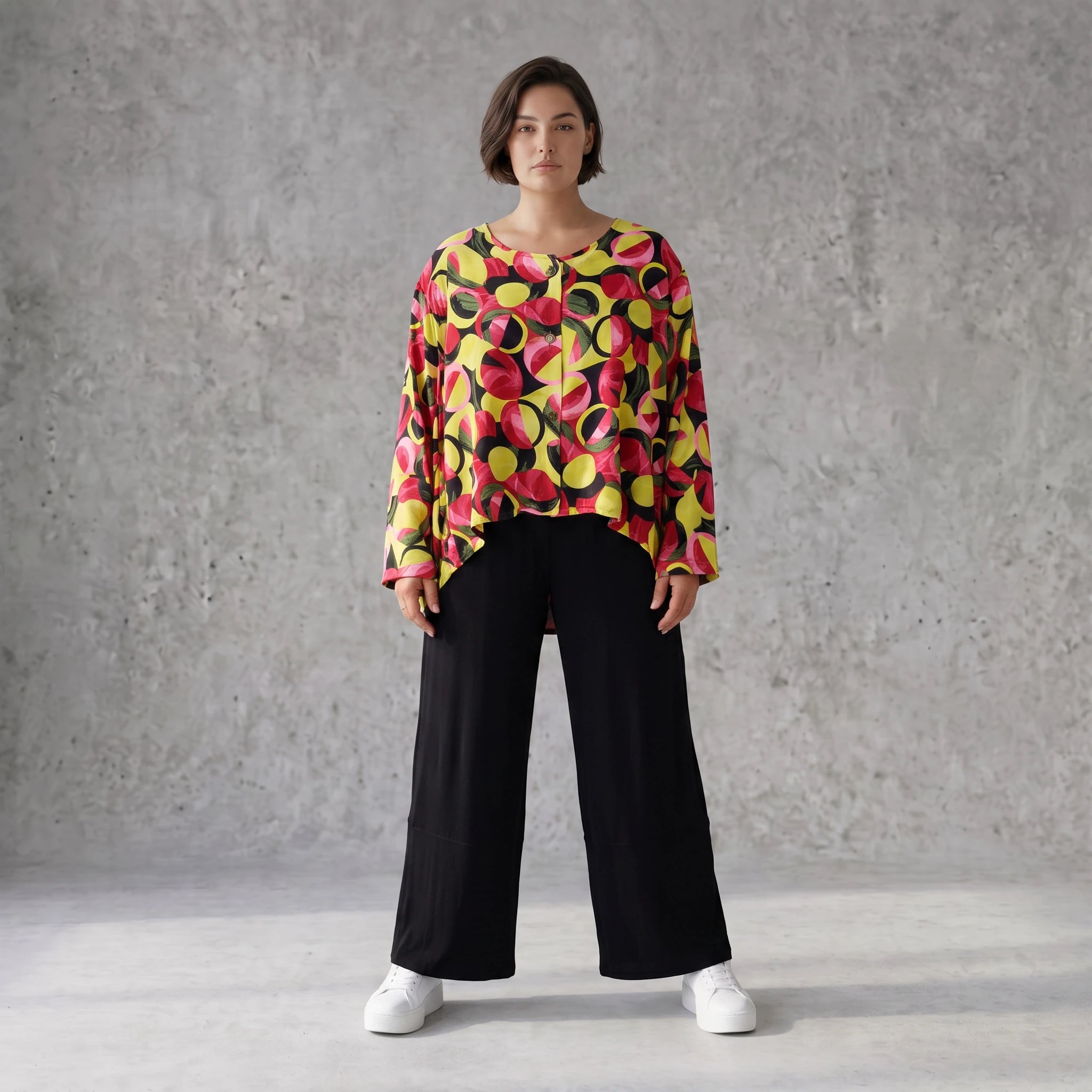 Langarmjacke aus feinem Popeline in kräftigem Gelb und Fuchsia mit rundem Halsausschnitt