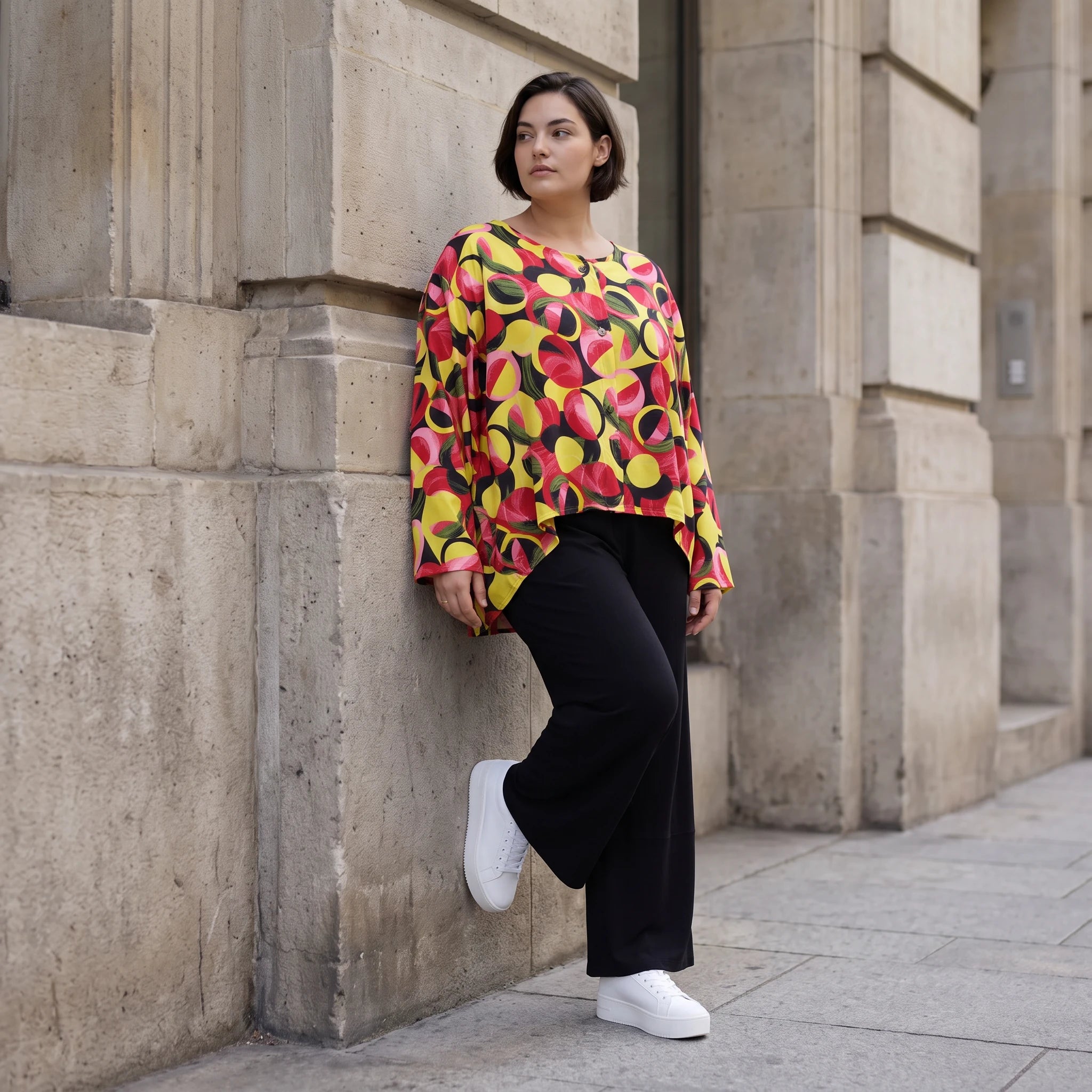 Langarmjacke aus feinem Popeline in kräftigem Gelb und Fuchsia mit rundem Halsausschnitt