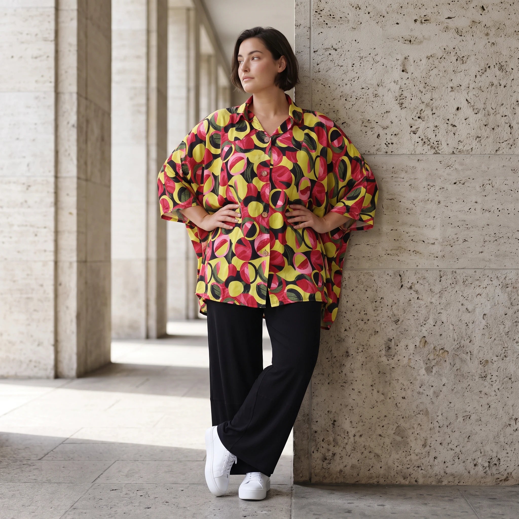 Bluse aus Viskose Popeline in Gelb und Fuchsia mit Hemdkragen und Knopfleiste sommerlich