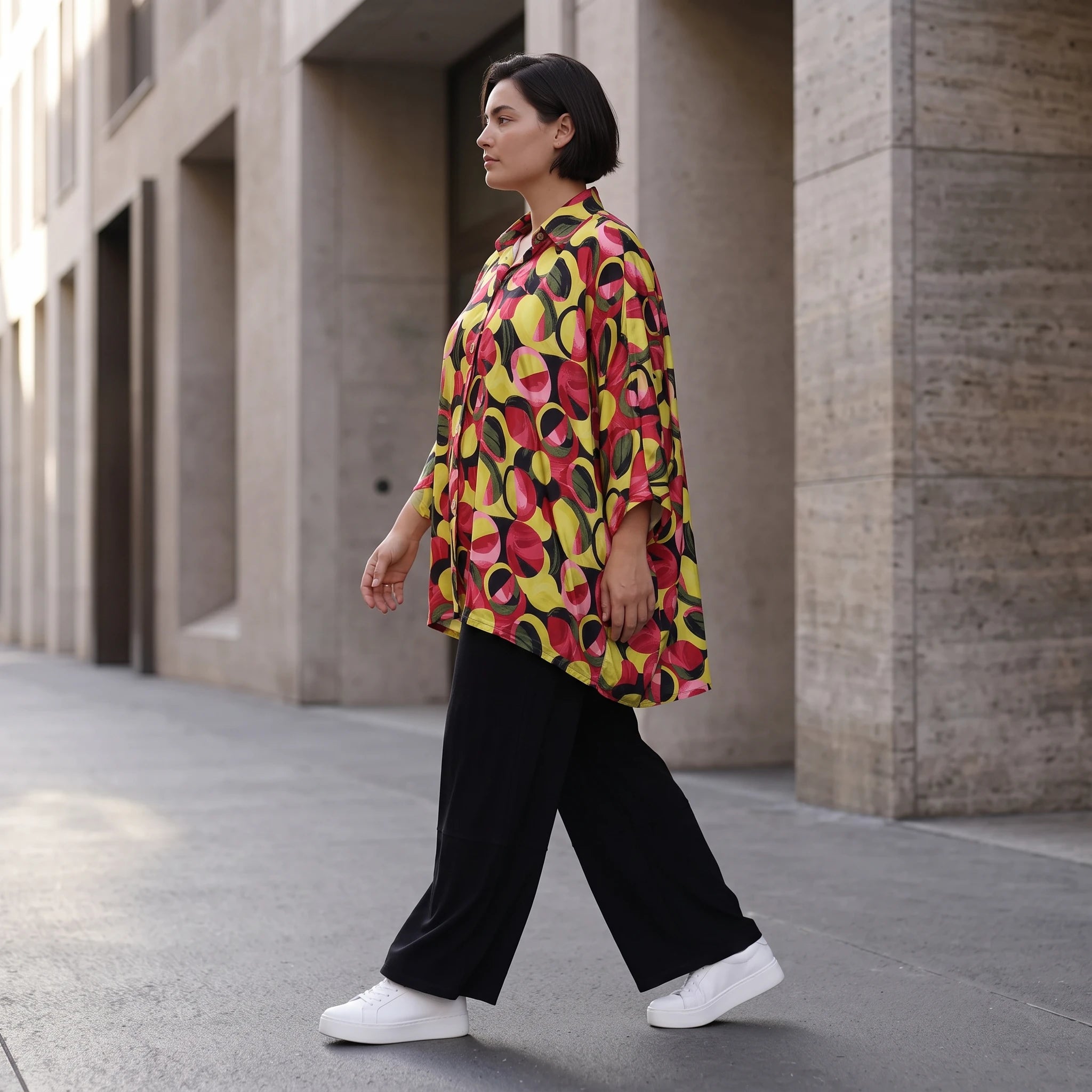 Bluse aus Viskose Popeline in Gelb und Fuchsia mit Hemdkragen und Knopfleiste sommerlich