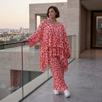 Damen Shirt Avantgarde Baumwolle Rose/Rot, kastiger Schnitt, Kurzarm, V-Ausschnitt, Oversize große Größen – AKH Fashion