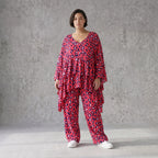 Damen Shirt Avantgarde Baumwolle Fuchsia/Marine, kastiger Schnitt, Kurzarm, V-Ausschnitt, Oversize große Größen – AKH Fashion