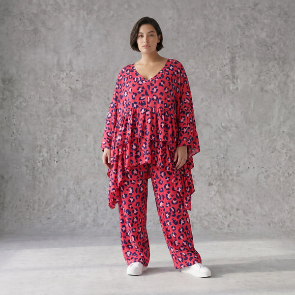Damen Shirt Avantgarde Baumwolle Fuchsia/Marine, kastiger Schnitt, Kurzarm, V-Ausschnitt, Oversize große Größen – AKH Fashion