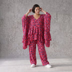 Damen Shirt Avantgarde Baumwolle Fuchsia/Marine, kastiger Schnitt, Kurzarm, V-Ausschnitt, Oversize große Größen – AKH Fashion