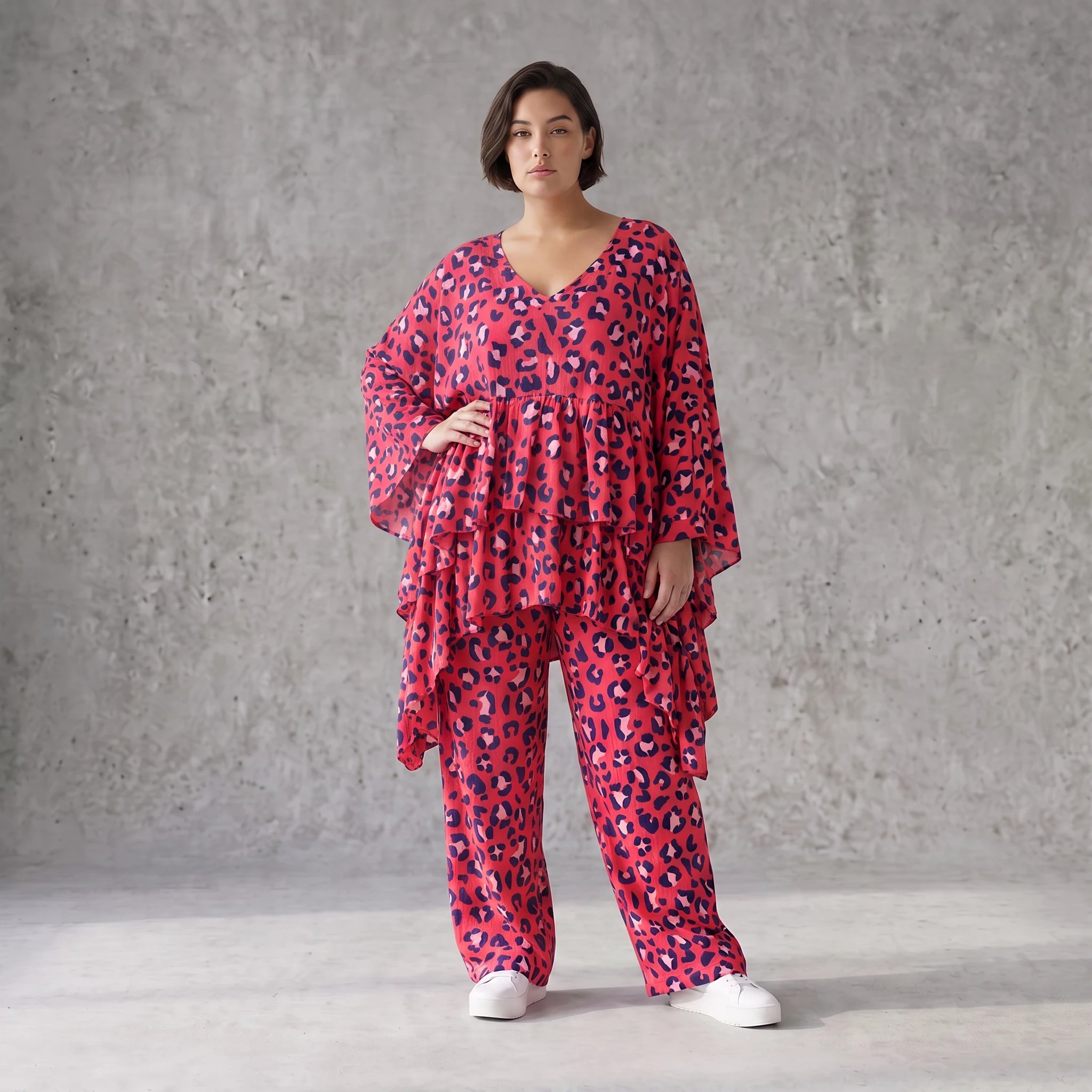 Damen Shirt Avantgarde Baumwolle Fuchsia/Marine, kastiger Schnitt, Kurzarm, V-Ausschnitt, Oversize große Größen – AKH Fashion