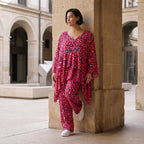 Damen Shirt Avantgarde Baumwolle Fuchsia/Marine, kastiger Schnitt, Kurzarm, V-Ausschnitt, Oversize große Größen – AKH Fashion