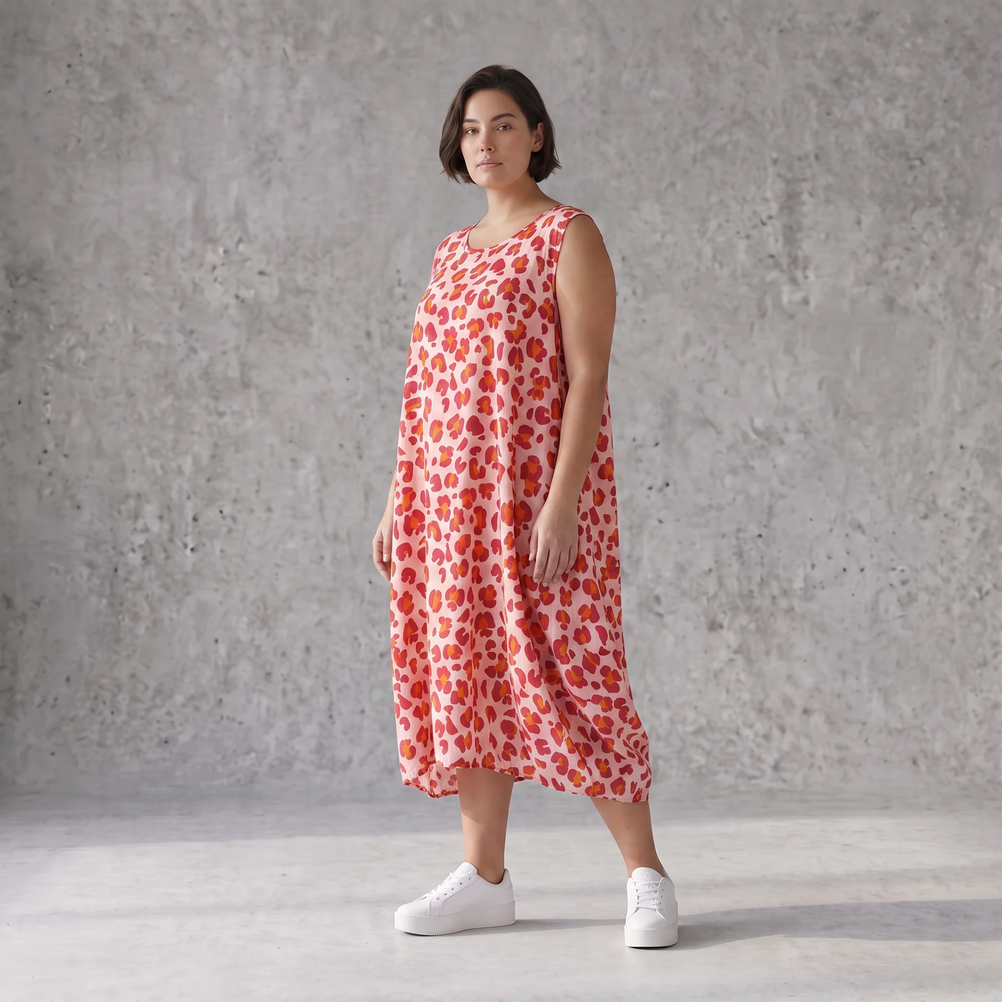 Damen Kleid Avantgarde Baumwolle Rose/Rot, Ballonschnitt, Flügeltaschen, Oversize große Größen – AKH Fashion