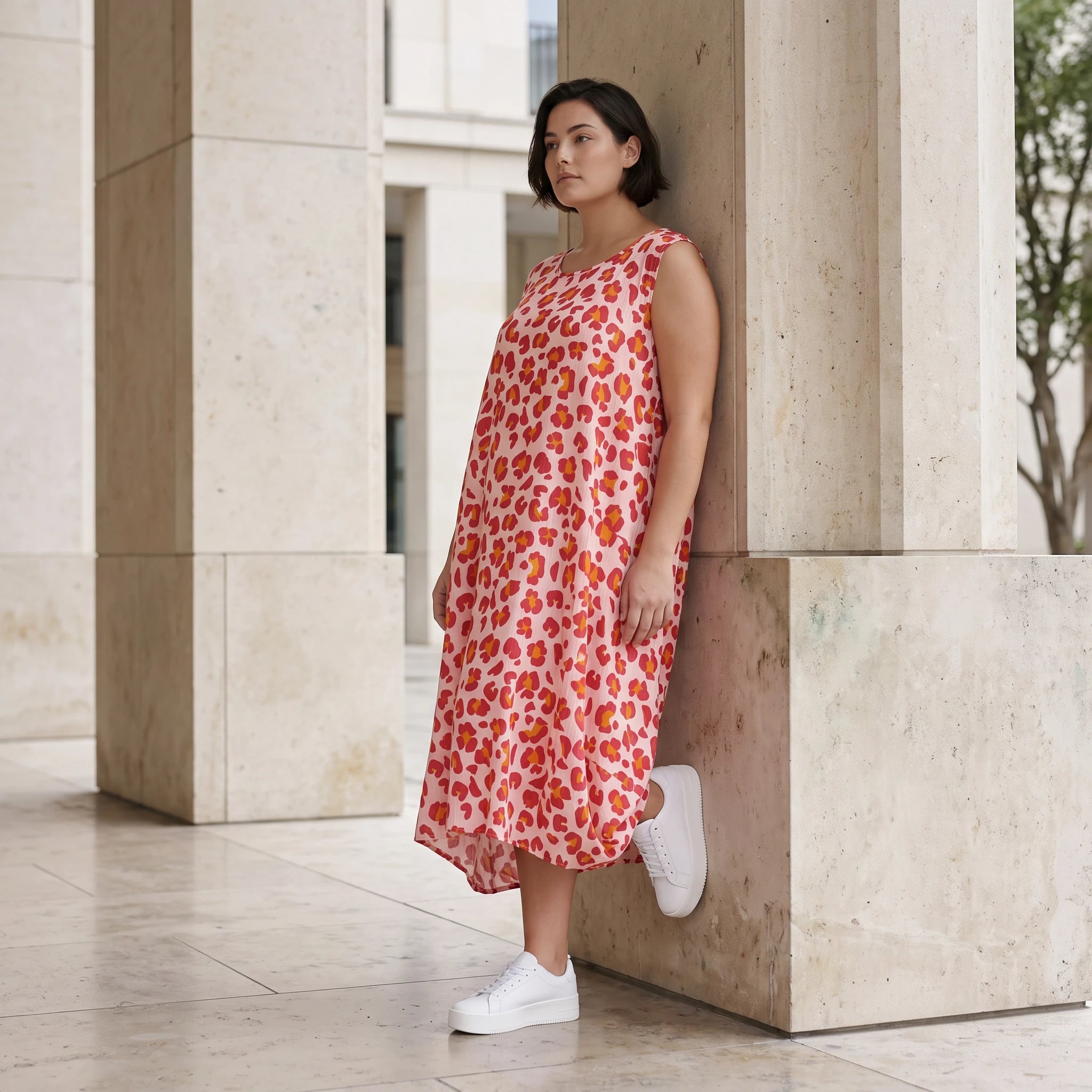 Damen Kleid Avantgarde Baumwolle Rose/Rot, Ballonschnitt, Flügeltaschen, Oversize große Größen – AKH Fashion