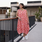 Damen Kleid Avantgarde Baumwolle Rose/Rot, Ballonschnitt, Flügeltaschen, Oversize große Größen – AKH Fashion