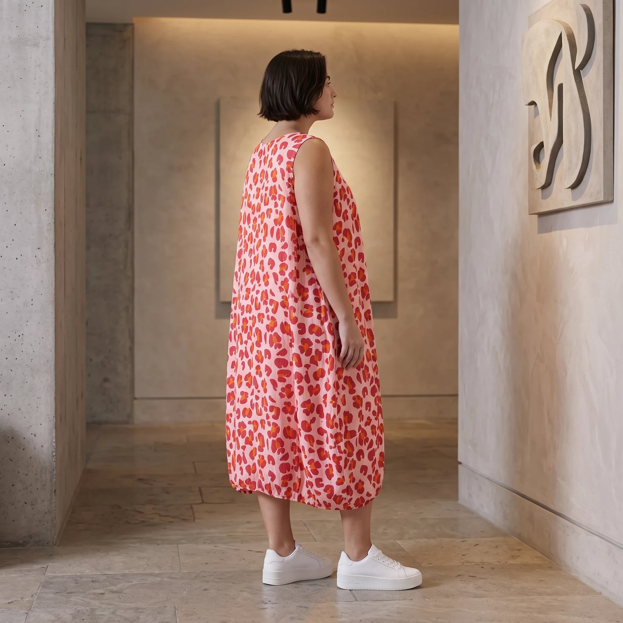 Damen Kleid Avantgarde Baumwolle Rose/Rot, Ballonschnitt, Flügeltaschen, Oversize große Größen – AKH Fashion