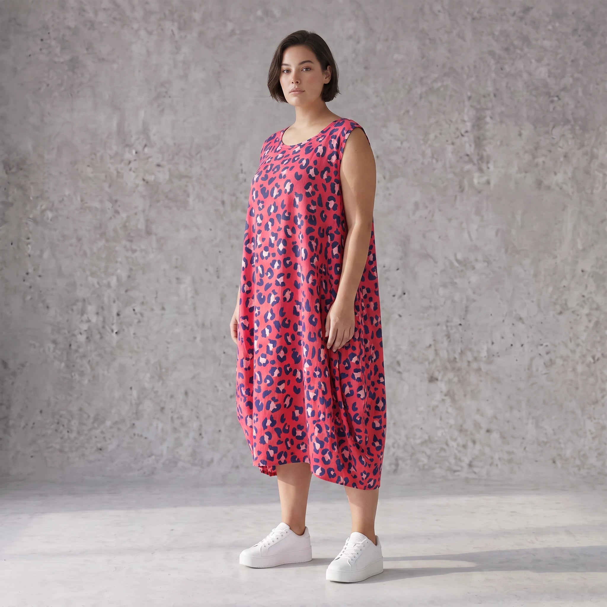 Damen Kleid Avantgarde Baumwolle Fuchsia/Marine, Ballonschnitt, Flügeltaschen, Oversize große Größen – AKH Fashion