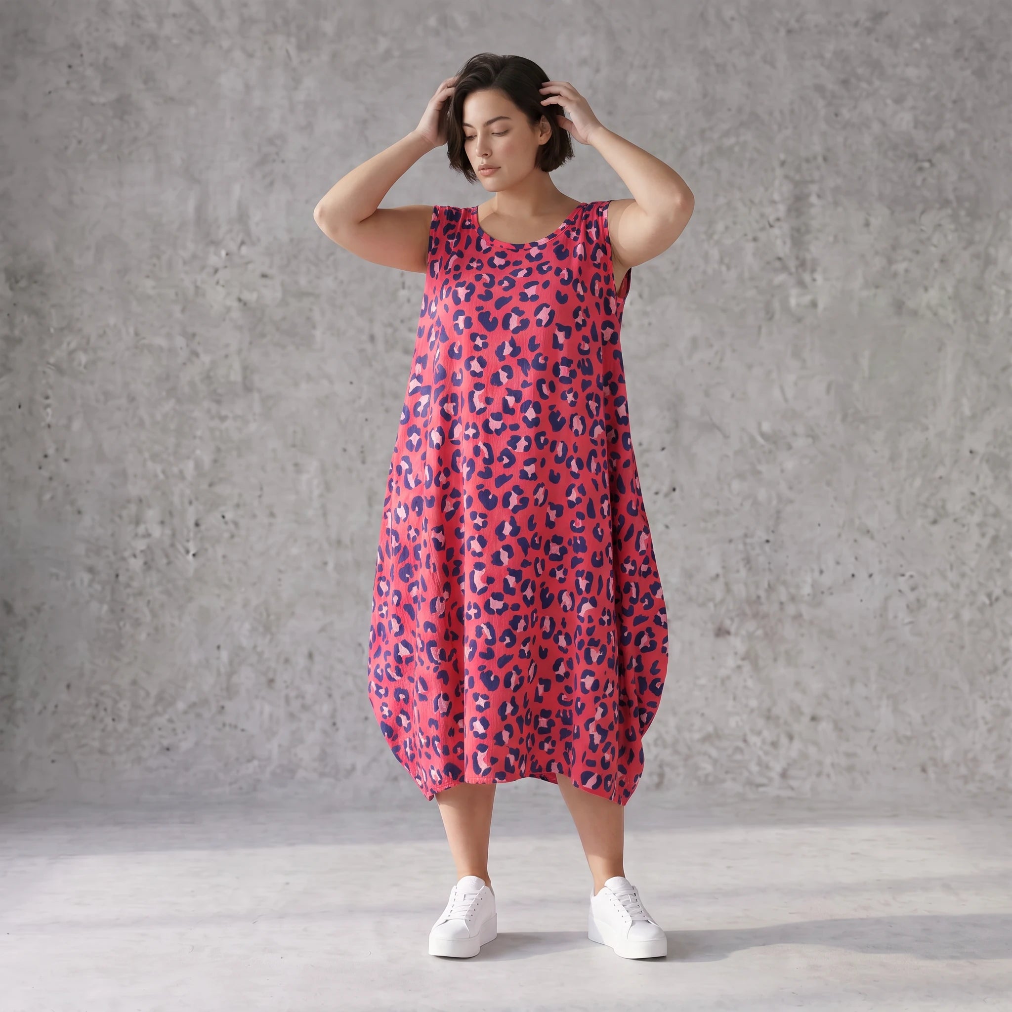 Damen Kleid Avantgarde Baumwolle Fuchsia/Marine, Ballonschnitt, Flügeltaschen, Oversize große Größen – AKH Fashion