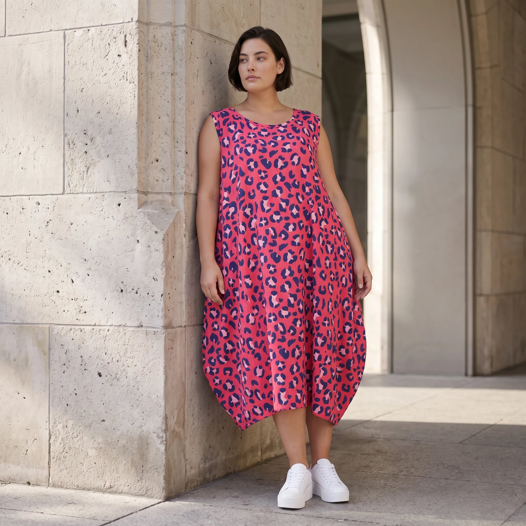 Damen Kleid Avantgarde Baumwolle Fuchsia/Marine, Ballonschnitt, Flügeltaschen, Oversize große Größen – AKH Fashion