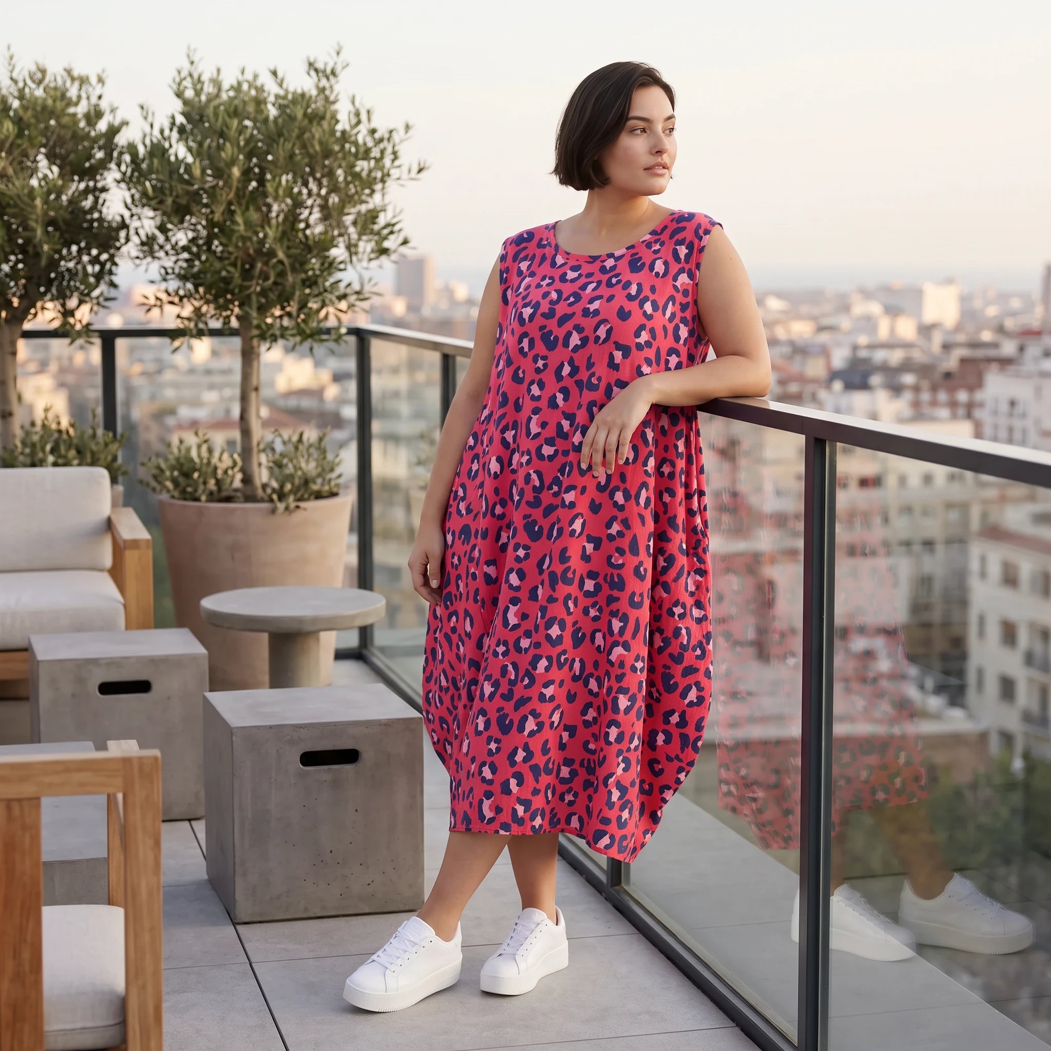 Damen Kleid Avantgarde Baumwolle Fuchsia/Marine, Ballonschnitt, Flügeltaschen, Oversize große Größen – AKH Fashion
