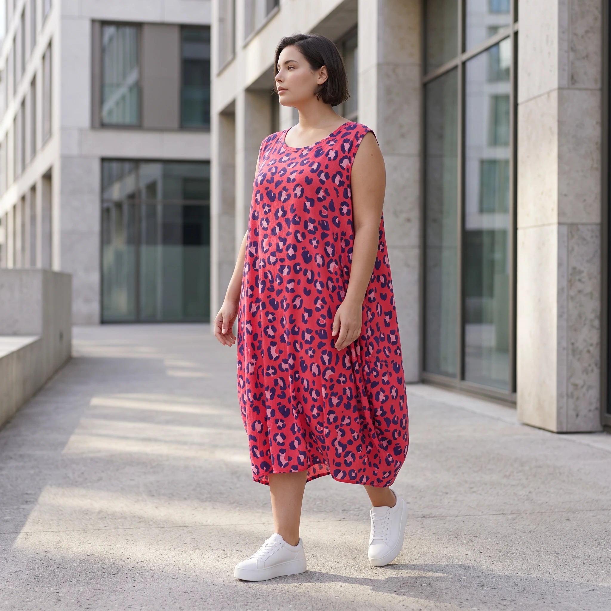Damen Kleid Avantgarde Baumwolle Fuchsia/Marine, Ballonschnitt, Flügeltaschen, Oversize große Größen – AKH Fashion