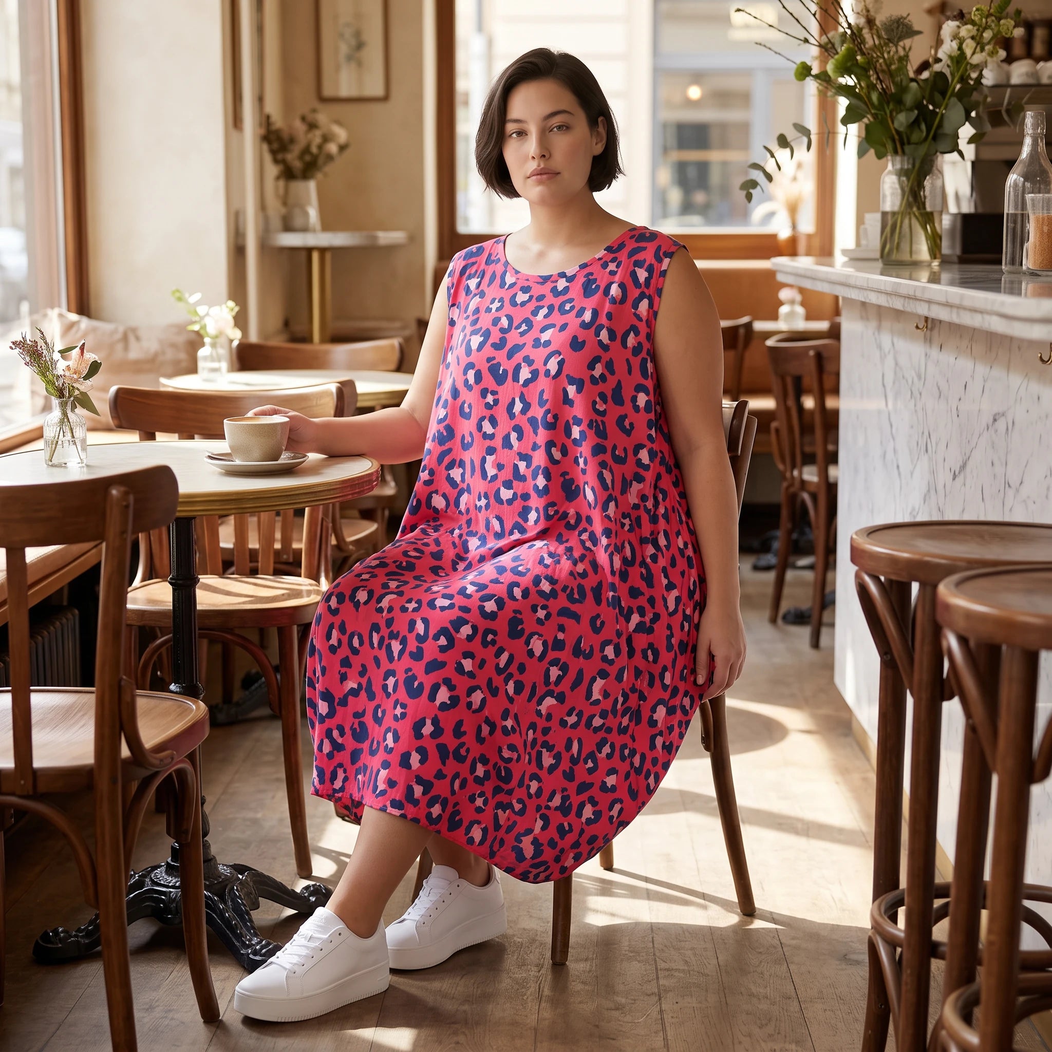 Damen Kleid Avantgarde Baumwolle Fuchsia/Marine, Ballonschnitt, Flügeltaschen, Oversize große Größen – AKH Fashion