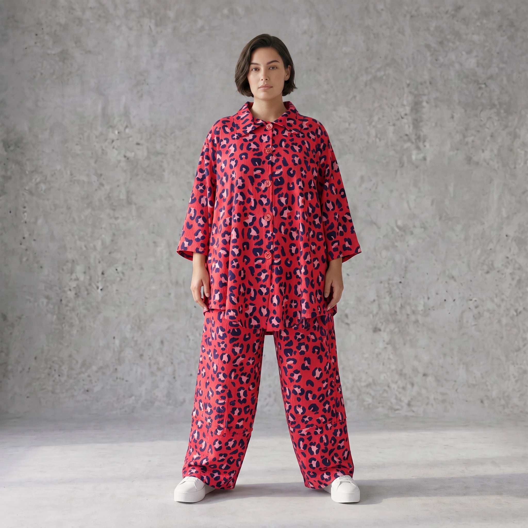 Damen Bluse Avantgarde Baumwolle Fuchsia/Marine, gerader Schnitt, 3/4-Arm, Knopfleiste, Oversize große Größen – AKH Fashion
