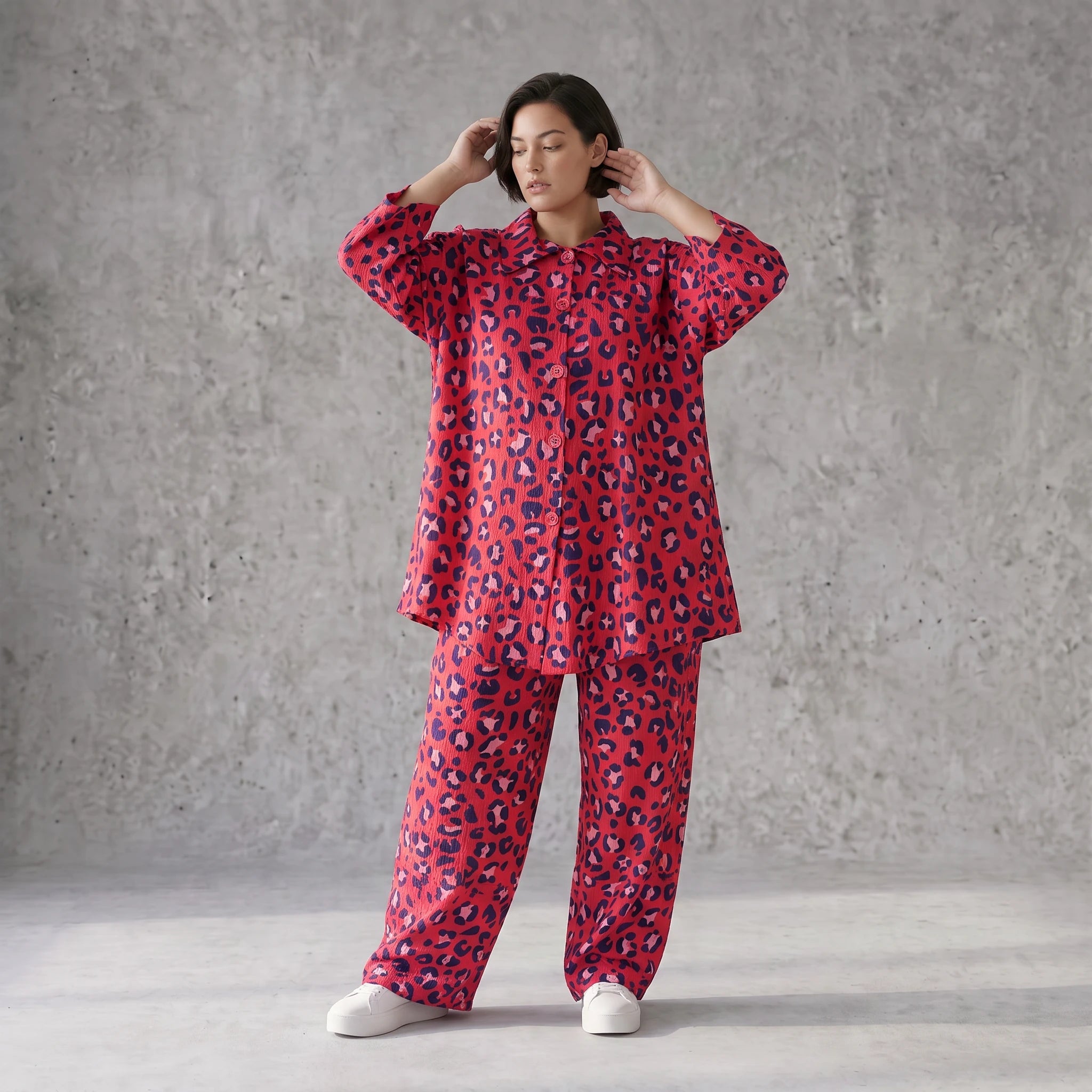 Damen Bluse Avantgarde Baumwolle Fuchsia/Marine, gerader Schnitt, 3/4-Arm, Knopfleiste, Oversize große Größen – AKH Fashion