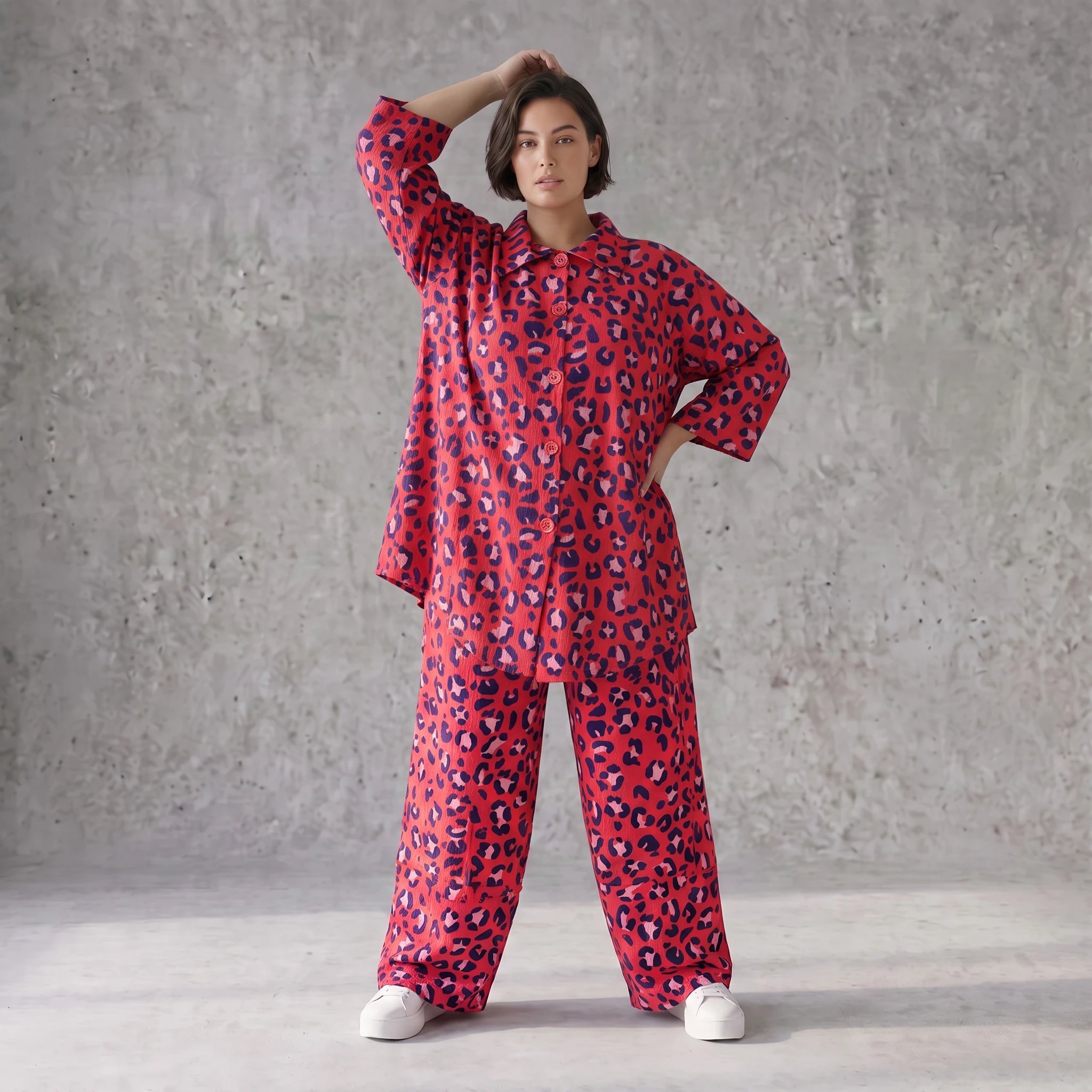 Damen Bluse Avantgarde Baumwolle Fuchsia/Marine, gerader Schnitt, 3/4-Arm, Knopfleiste, Oversize große Größen – AKH Fashion