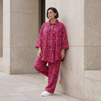 Damen Bluse Avantgarde Baumwolle Fuchsia/Marine, gerader Schnitt, 3/4-Arm, Knopfleiste, Oversize große Größen – AKH Fashion
