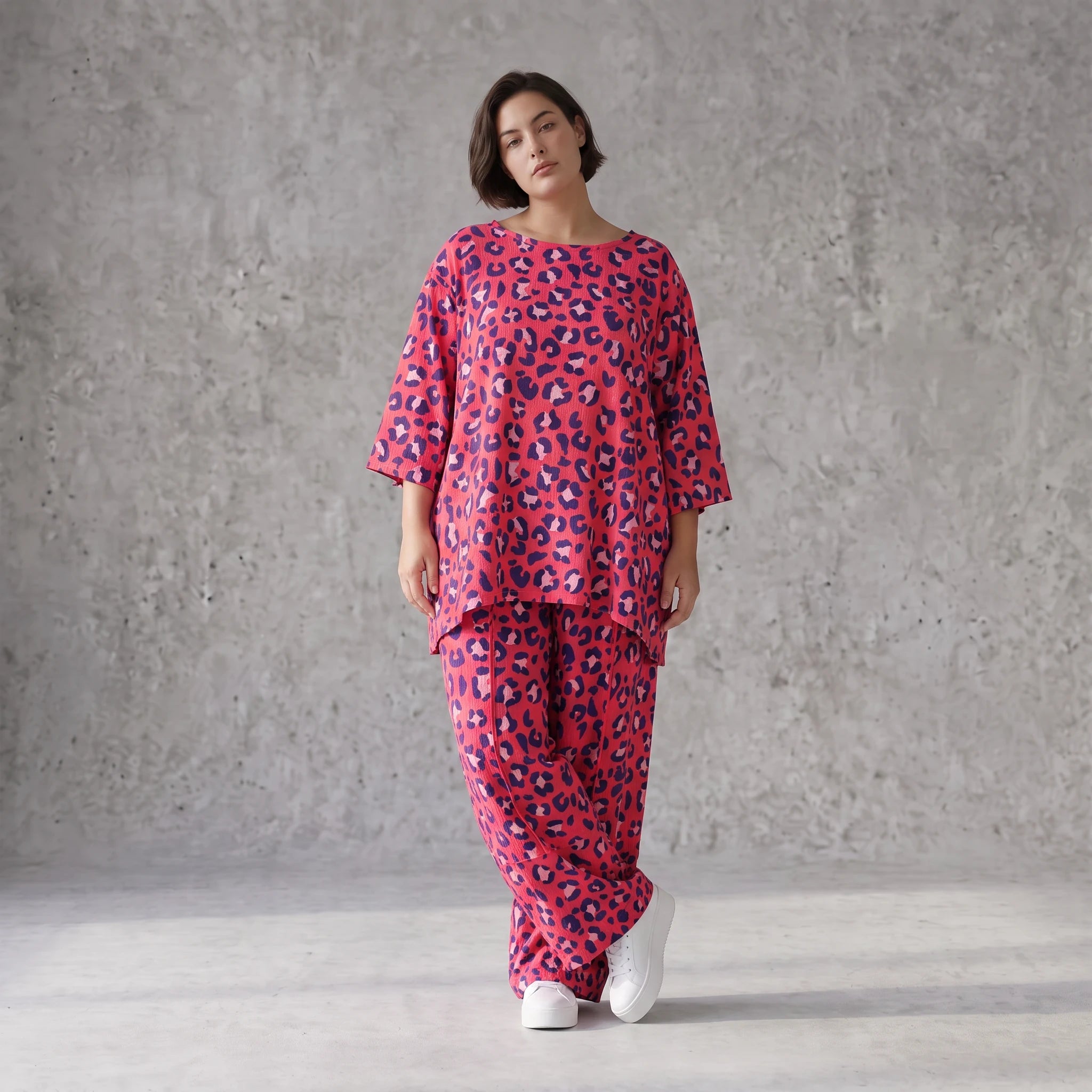 Damen Hose Avantgarde Baumwolle Fuchsia/Marine, Ballonhose, Elastikbund, Oversize große Größen – AKH Fashion