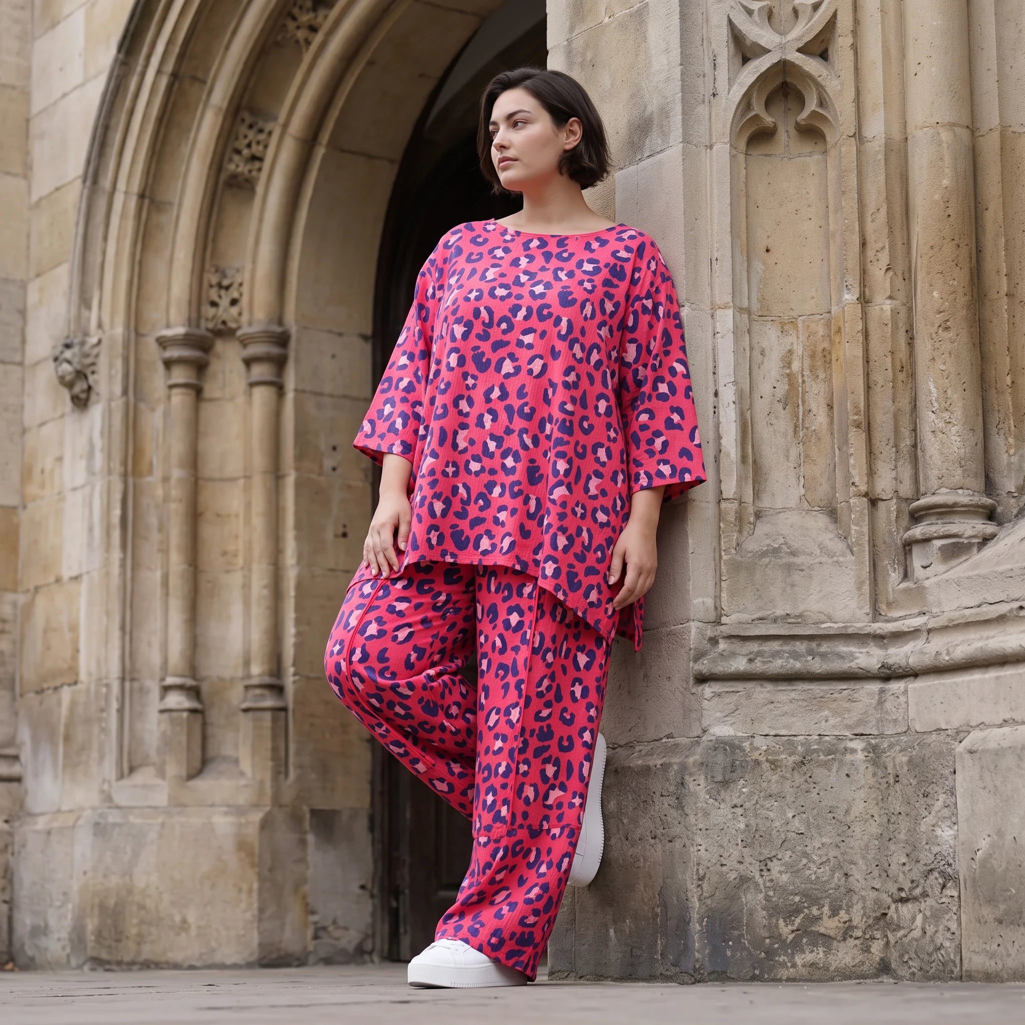 Damen Hose Avantgarde Baumwolle Fuchsia/Marine, Ballonhose, Elastikbund, Oversize große Größen – AKH Fashion