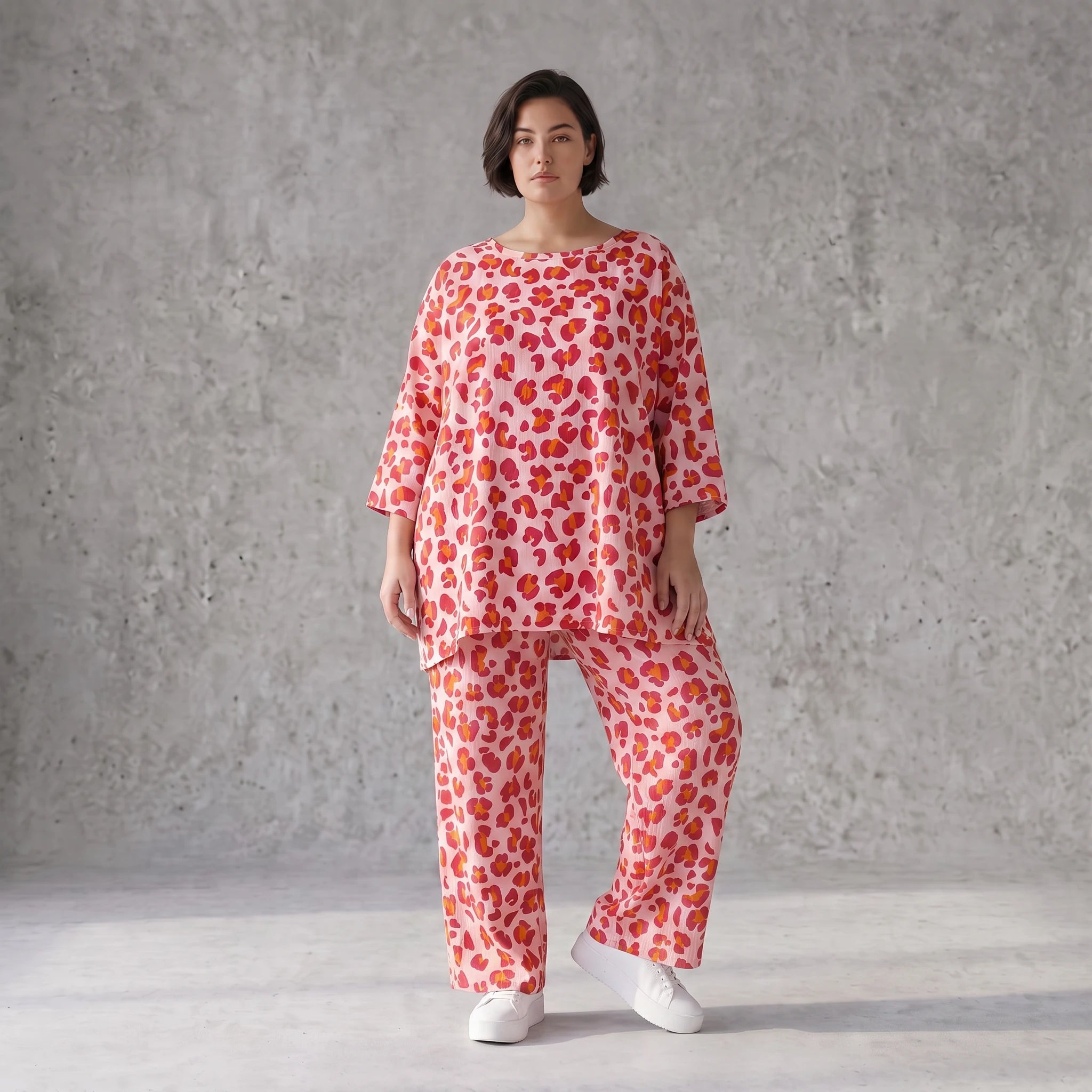 Damen Hose Avantgarde Baumwolle Rose/Rot, gerader Schnitt, Elastikbund, Oversize große Größen – AKH Fashion
