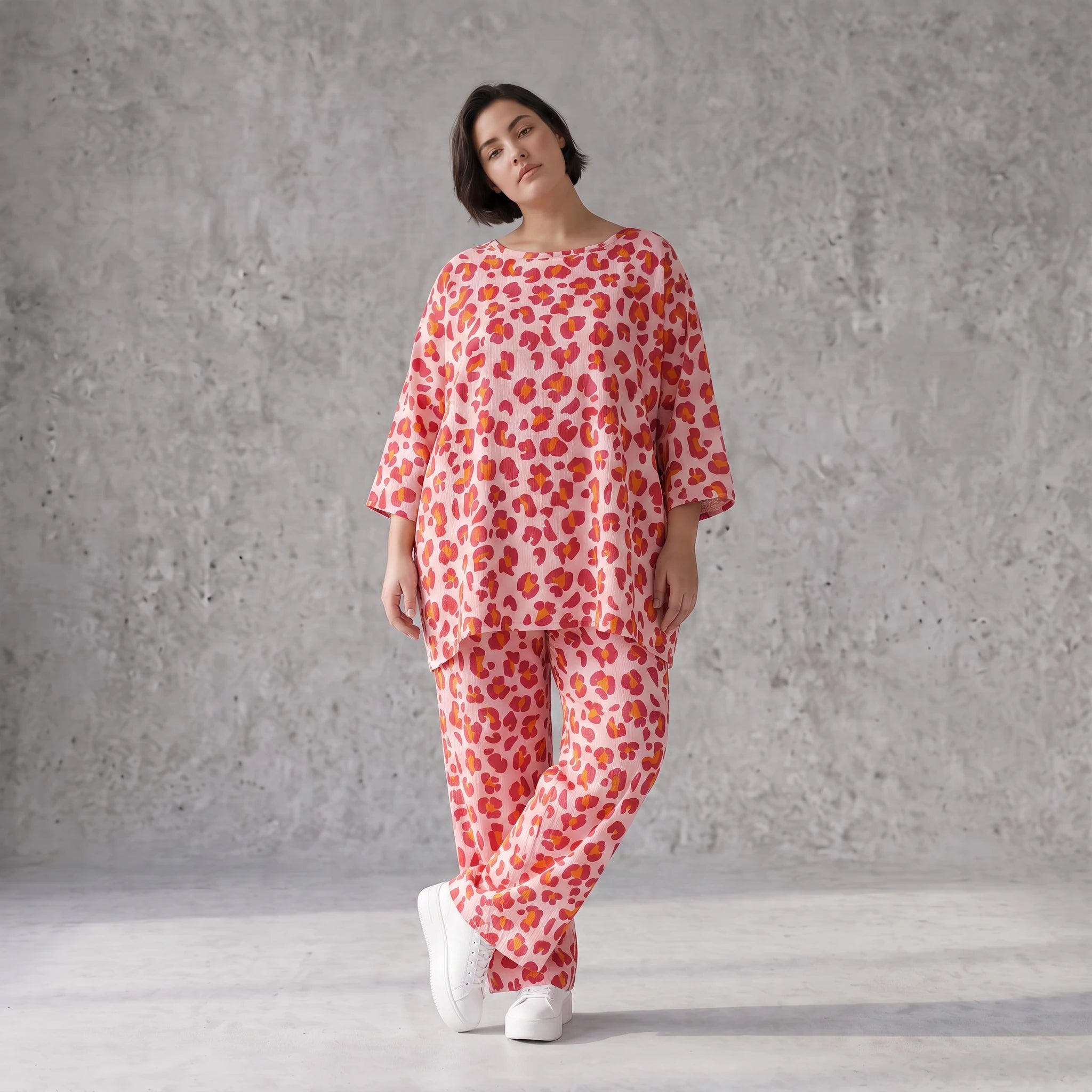 Damen Hose Avantgarde Baumwolle Rose/Rot, gerader Schnitt, Elastikbund, Oversize große Größen – AKH Fashion