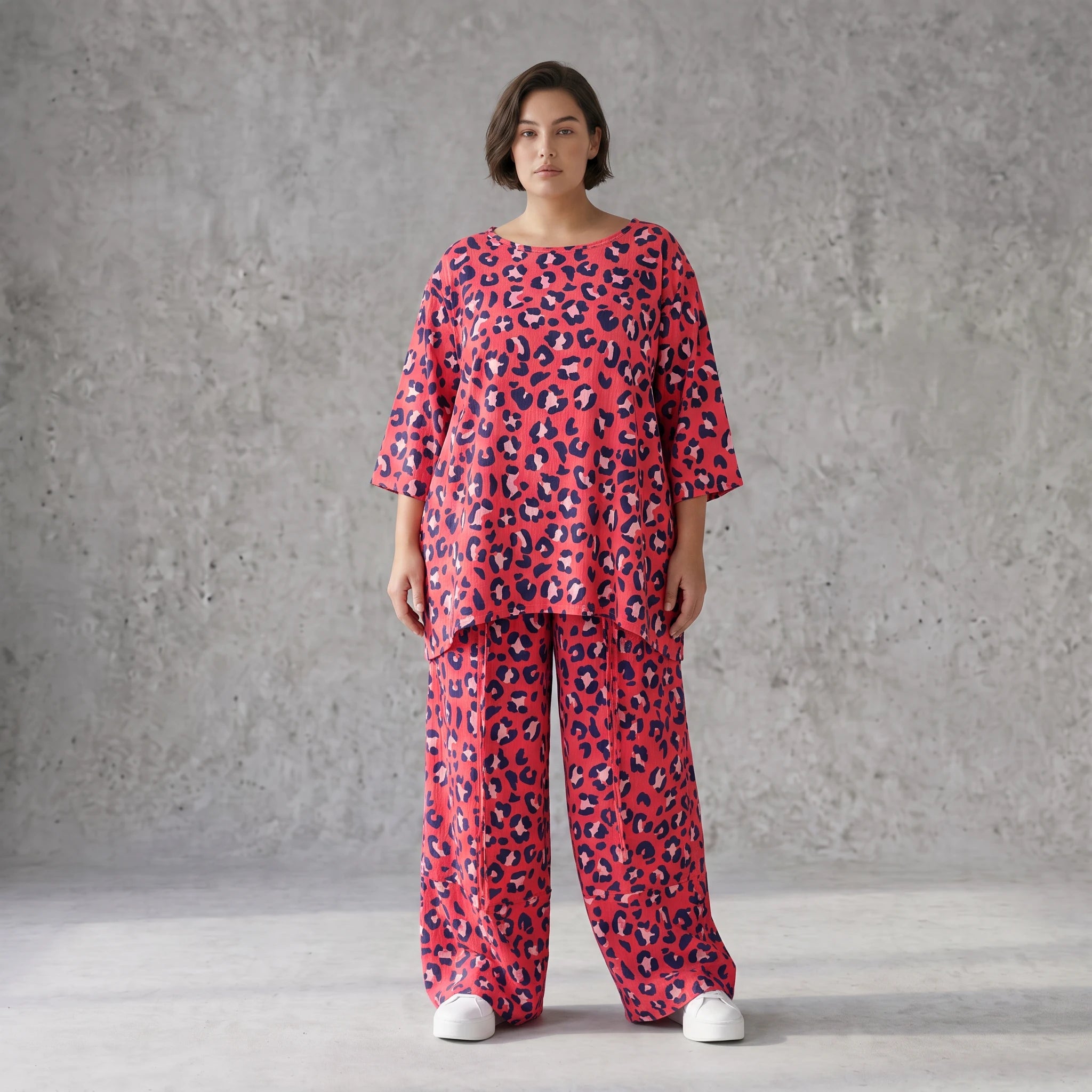 Damen Shirt Avantgarde Baumwolle Fuchsia/Marine, A-Form, 3/4-Arm, Seitentaschen, Oversize große Größen – AKH Fashion
