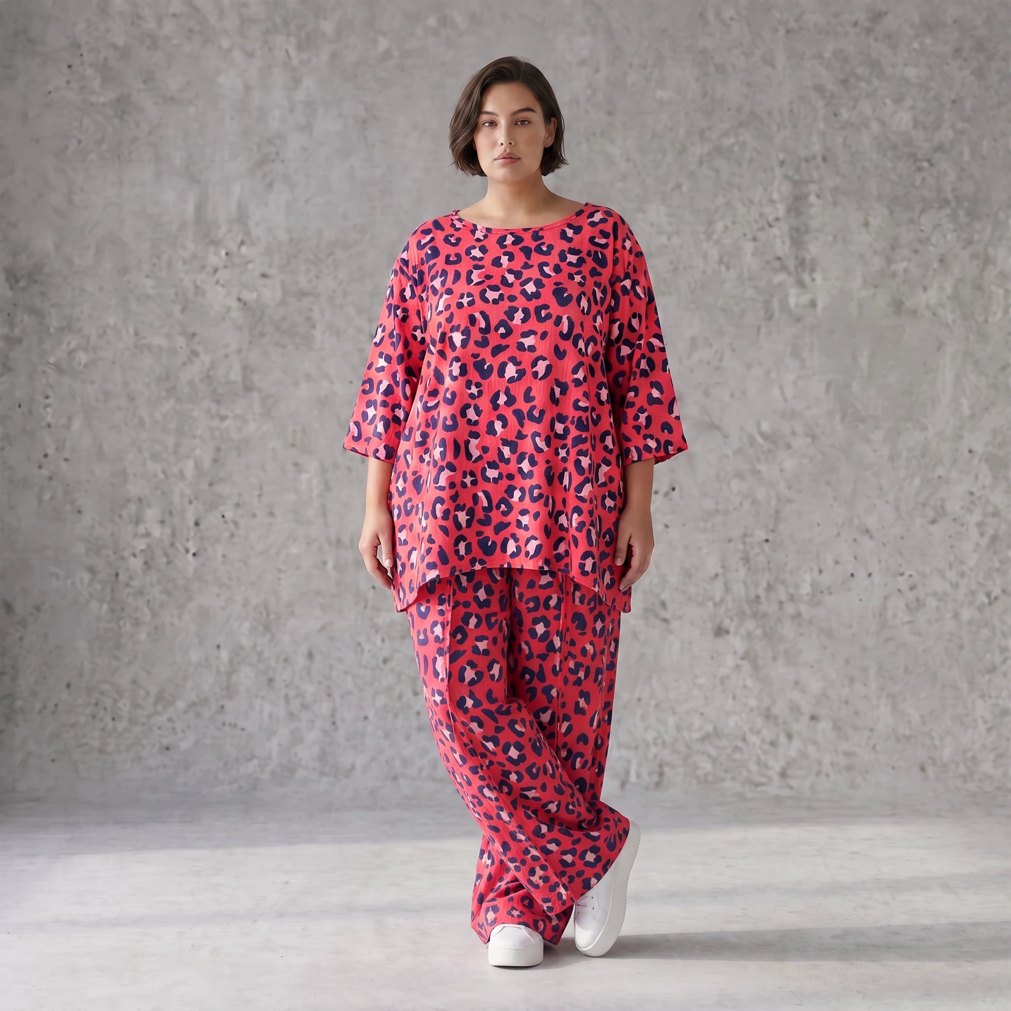 Damen Shirt Avantgarde Baumwolle Fuchsia/Marine, A-Form, 3/4-Arm, Seitentaschen, Oversize große Größen – AKH Fashion