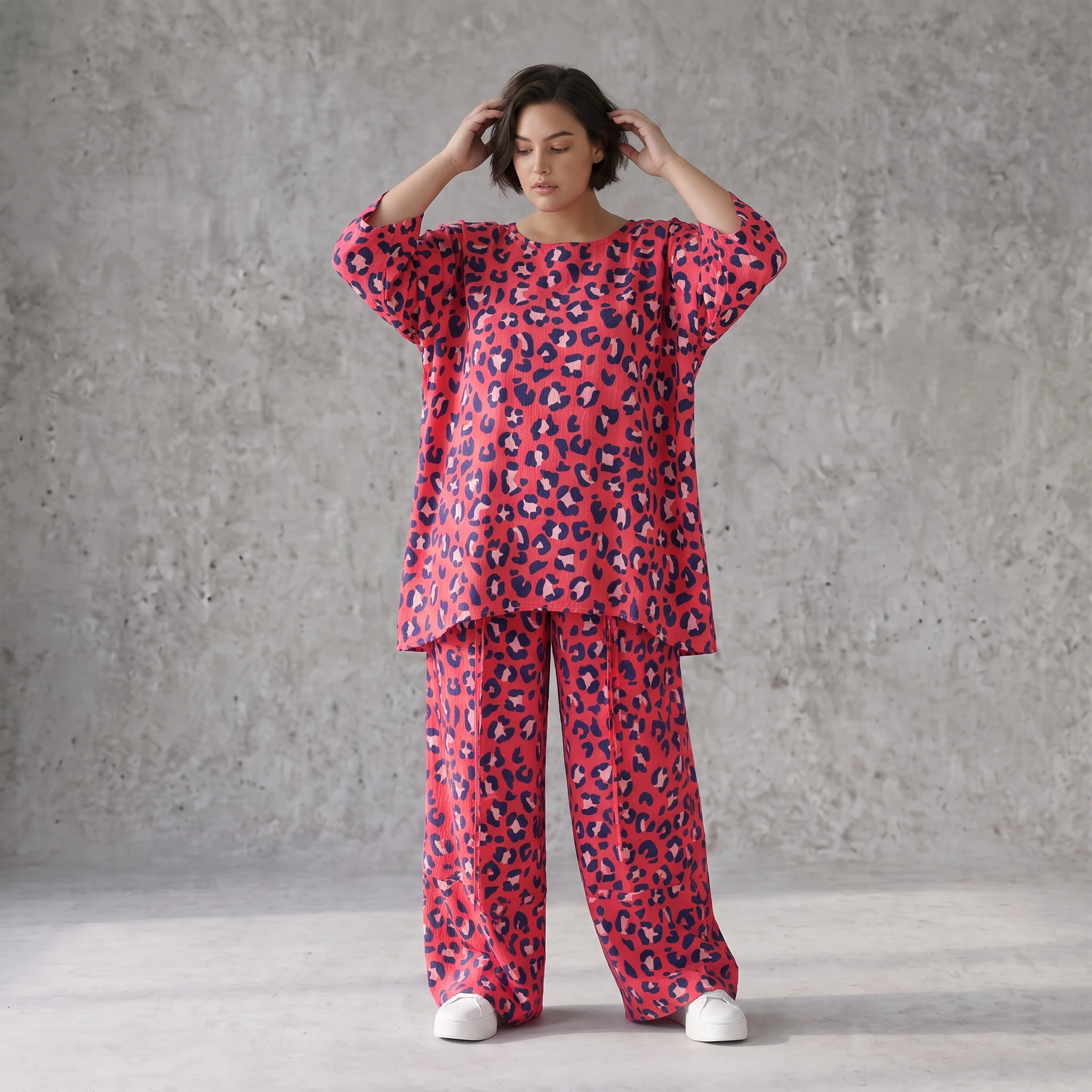 Damen Shirt Avantgarde Baumwolle Fuchsia/Marine, A-Form, 3/4-Arm, Seitentaschen, Oversize große Größen – AKH Fashion