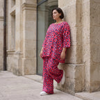 Damen Shirt Avantgarde Baumwolle Fuchsia/Marine, A-Form, 3/4-Arm, Seitentaschen, Oversize große Größen – AKH Fashion