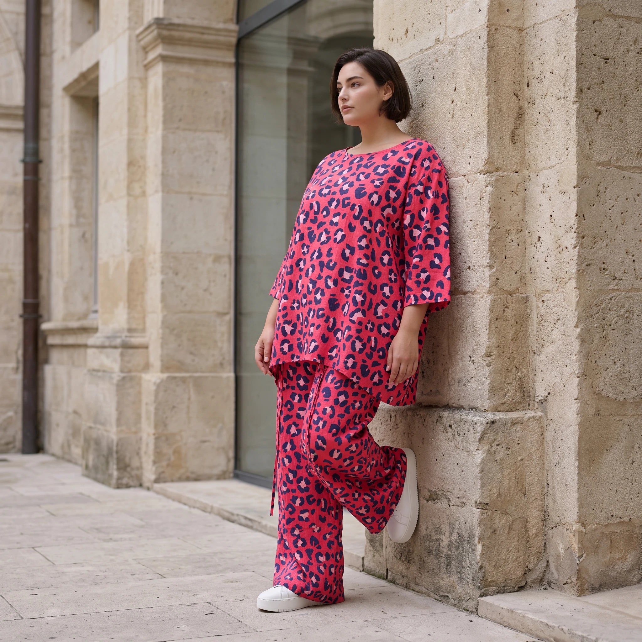Damen Shirt Avantgarde Baumwolle Fuchsia/Marine, A-Form, 3/4-Arm, Seitentaschen, Oversize große Größen – AKH Fashion