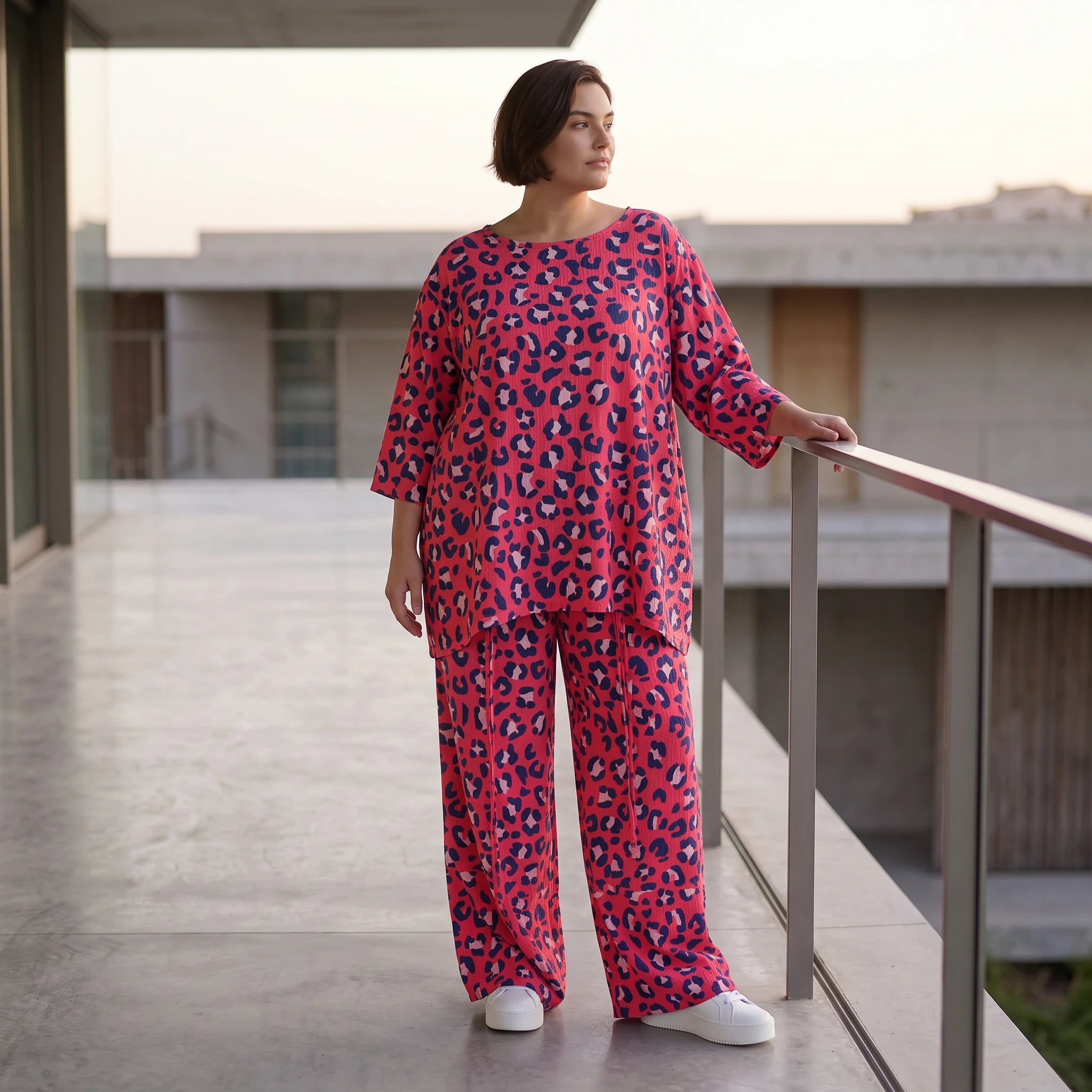 Damen Shirt Avantgarde Baumwolle Fuchsia/Marine, A-Form, 3/4-Arm, Seitentaschen, Oversize große Größen – AKH Fashion