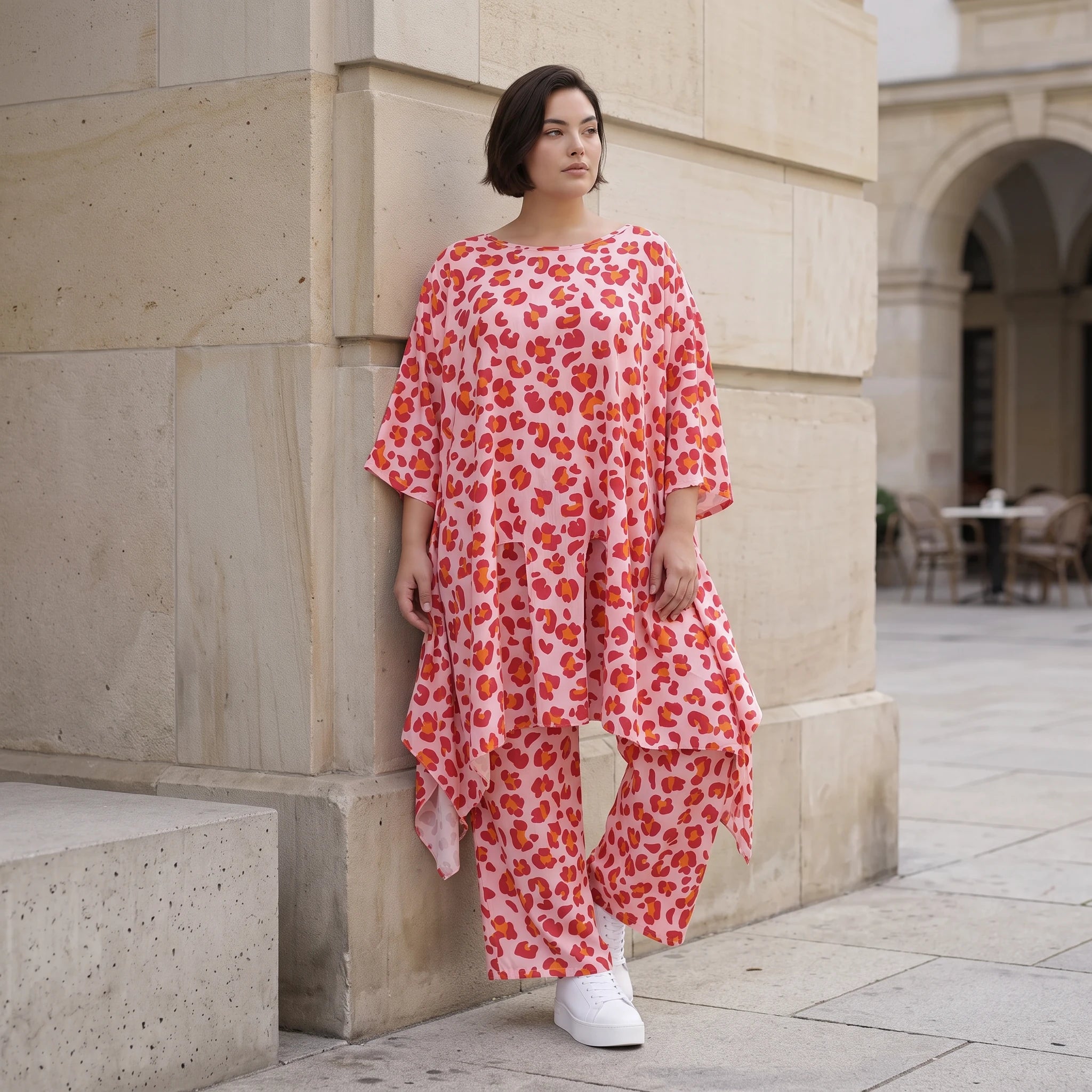 Damen Shirt Avantgarde Baumwolle Rose/Rot, A-Form, Volant, Oversize große Größen – AKH Fashion
